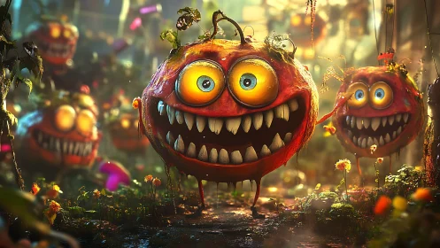 Mutated pumpkin creatures with exaggerated teeth in glowing forest