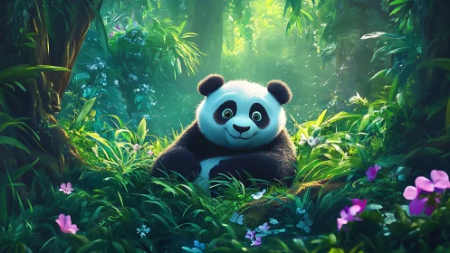 Cartoon panda reclines in luminous stylized rainforest glade
