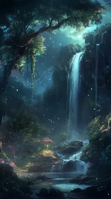 Enchanted moonlit waterfall garden glowing with gentle magic.