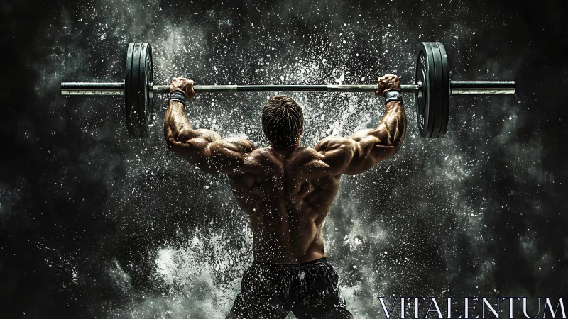 Muscular athlete lifting barbell amid dramatic water spray.