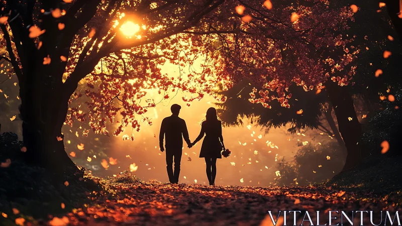 Couple walking hand in hand through autumn tree tunnel with golden light