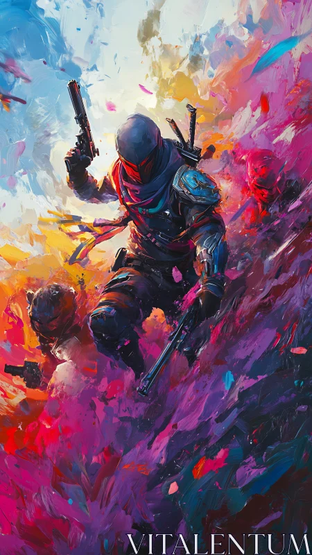 Armored gunfighter advances through high-energy abstract color field