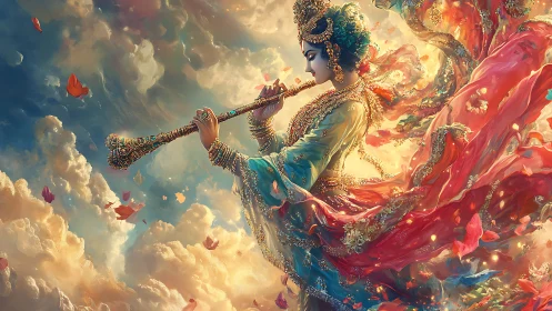 Fantasy digital painting of celestial flutist in swirling clouds.