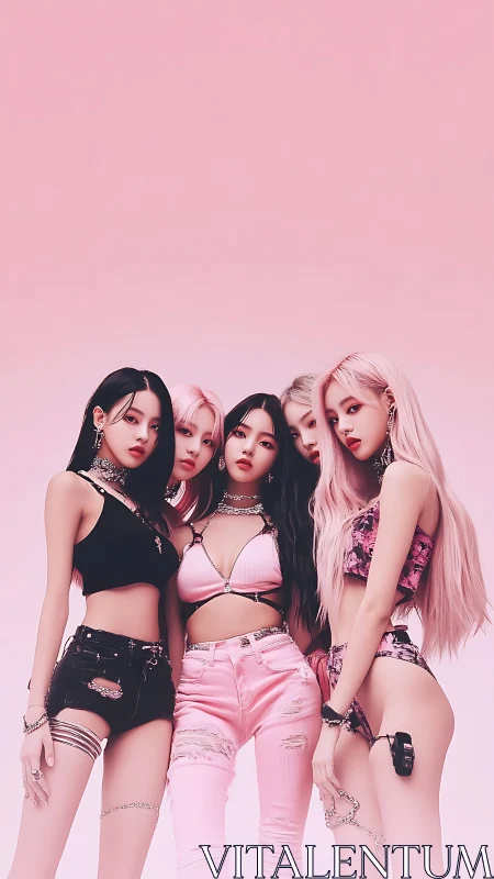 Five stylized women pose against solid pink gradient background