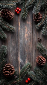 Cozy winter border of pine, berries, and rustic wood grain.