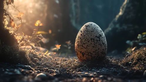 Mystical speckled egg rests in a sunlit forest clearing