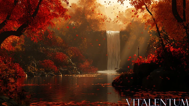 Embers of autumn cascade around a glowing forest waterfall.