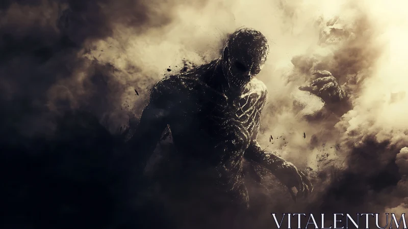 Shadow entity emerges through fractured smoke in high-contrast digital art