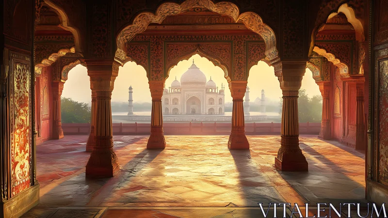 Morning arches cradle the Taj Mahal in glowing riverlight