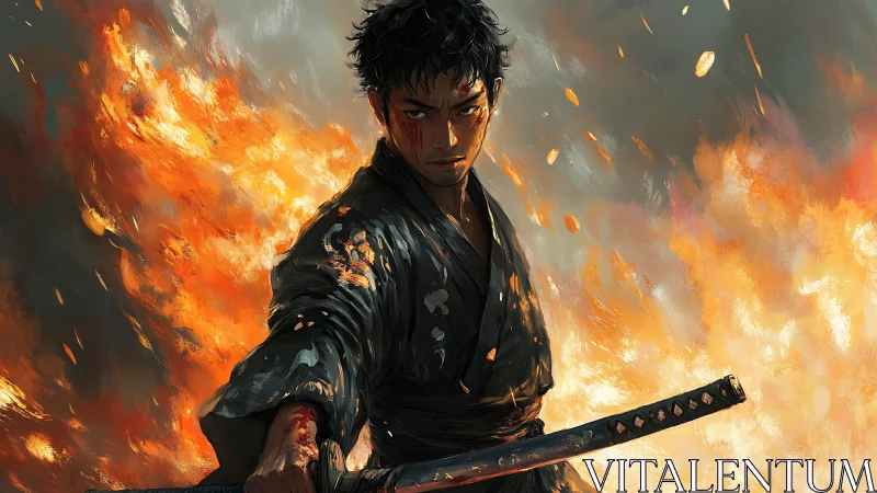 Determined samurai stands before blazing battlefield flames.