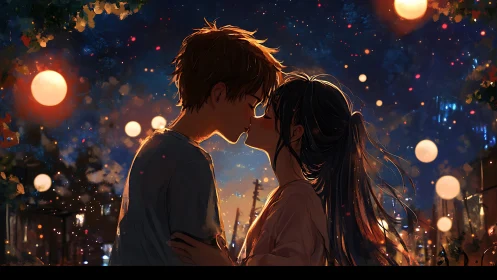 Soft evening kiss glows under lantern lights and starry skies