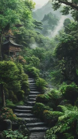 Mountain temple pathway through misty forest with stone steps