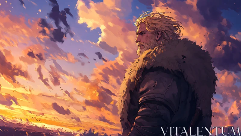 Digital painting of lone warrior against blazing sunset sky.