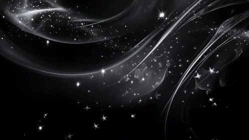 Stellar light trails over flowing monochrome nebula field.