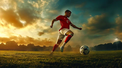 Soccer player in red uniform kicking ball at sunset field.