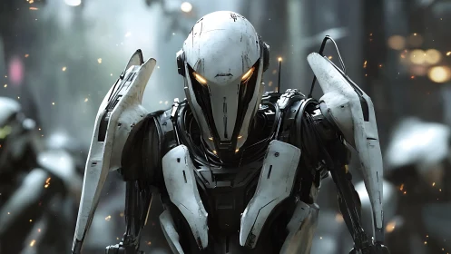 War-torn combat android advancing through burning city.