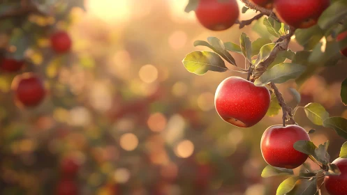 Sunlit apple orchard branch captures warm autumn bokeh glow