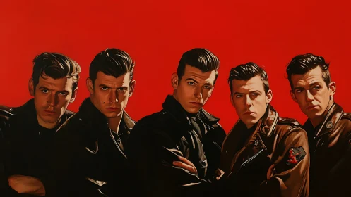Five leather‑clad men aligned against saturated red backdrop