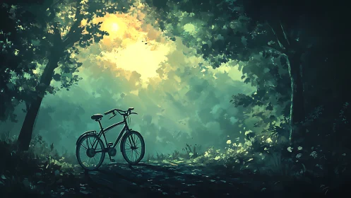 Bicycle on Forest Trail: Chiaroscuro Digital Composition with Luminous Canopy