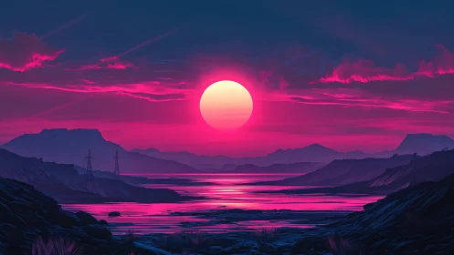 Neon sun over alien coastline in magenta twilight glow.
