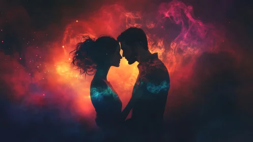 Silhouetted Couple Against Fiery Abstract Background.