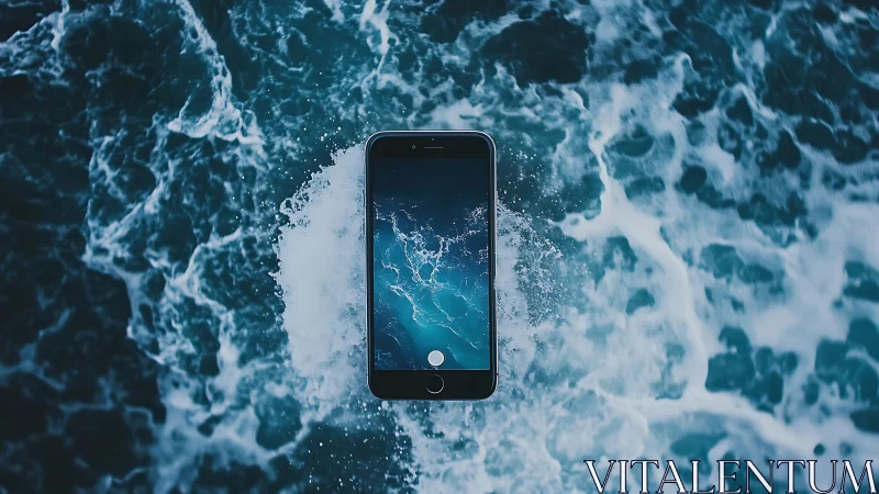 Smartphone suspended over turbulent blue ocean water.