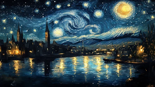 Swirling starry night sky glows above a riverside town