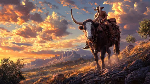 Western rider on longhorn crossing sunlit canyon ridge.