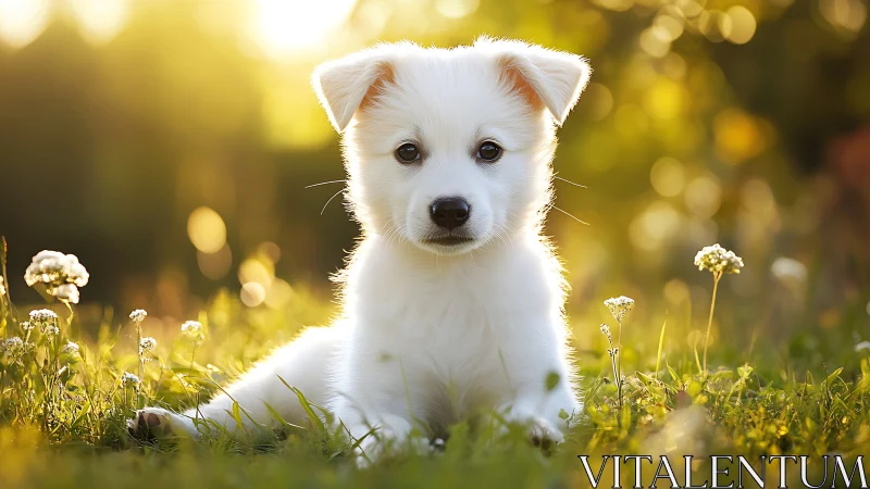 White puppy on sunlit grass in shallow depth of field.