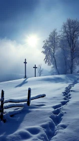 Snowy hillside with footsteps leading toward two crosses