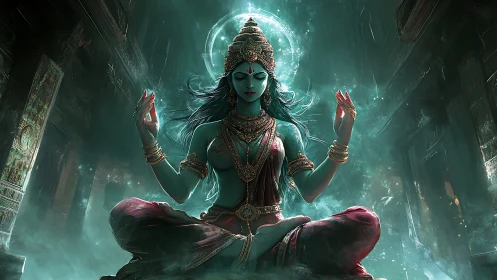 Serene moonlit goddess in meditation amid mystical ruins.