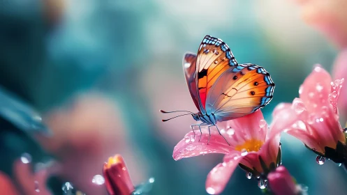 Macro digital painting of butterfly on dew-covered blossoms.