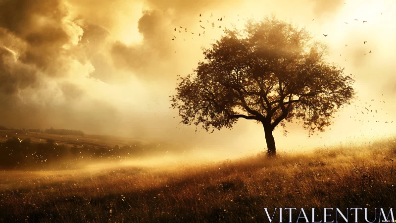 Golden meadow tree glowing softly in a misty sunset field.