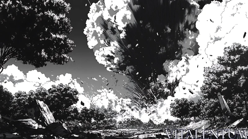 Forest sky erupts in a dramatic burst of light and shadow.