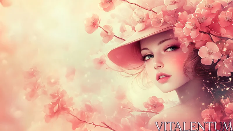 Dreamy portrait draped in soft pink cherry blossoms.