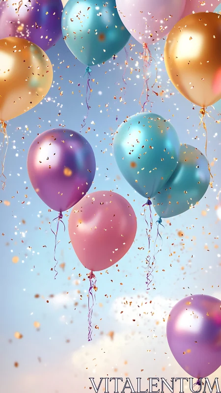 Colorful balloons floating against sky with falling confetti.