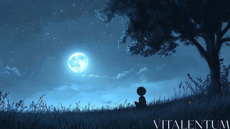 Silhouette child observing full moon over grassy hillside.