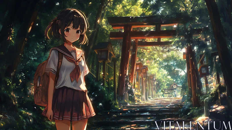 Schoolgirl on forest shrine path under layered torii gates