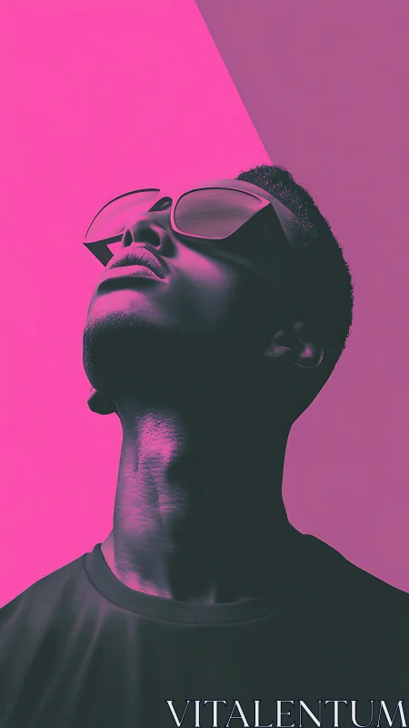 Neon magenta portrait of upward gaze with reflective eyewear