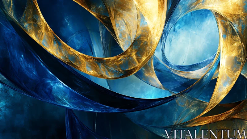 Celestial ribbons of blue and gold swirling in frozen motion.