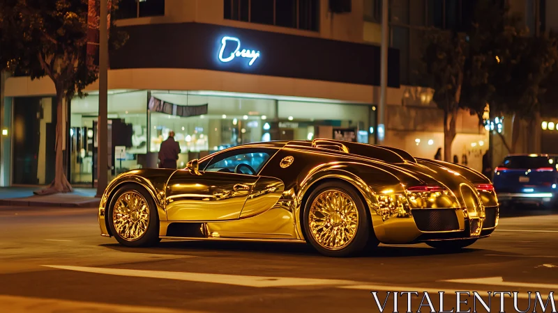 Gold supercar reflects neon city lights at night