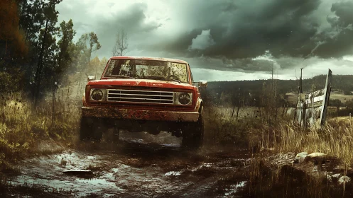 Red off-road truck traversing muddy rural track in rain.