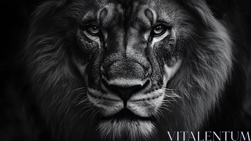 Monochrome lion portrait with intense forward gaze.