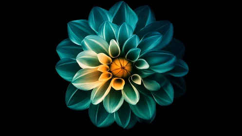 Multi-Layered Dahlia with Teal Outer Petals and Warm Golden-Orange Center. Digital Rendering.