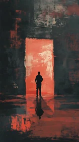 Silhouette at the ember doorway between shadow and unknown.