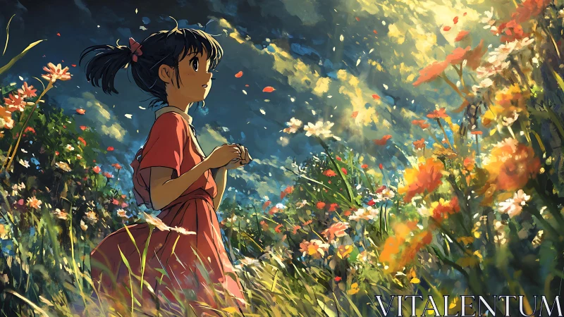 Sunlit petals whirl as a quiet dreamer crosses the meadow