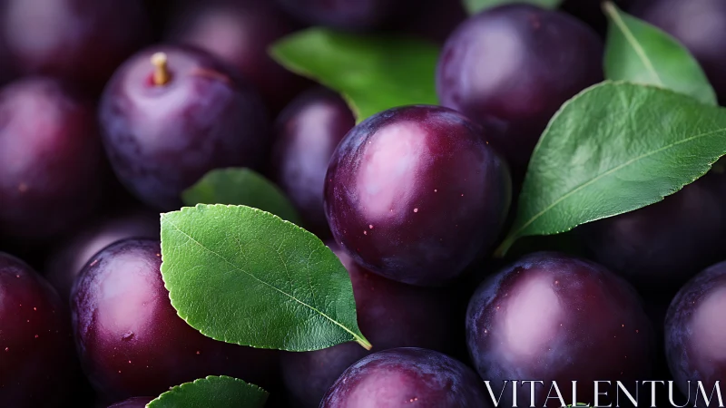 Plump purple plums nestled among glossy green leaves.