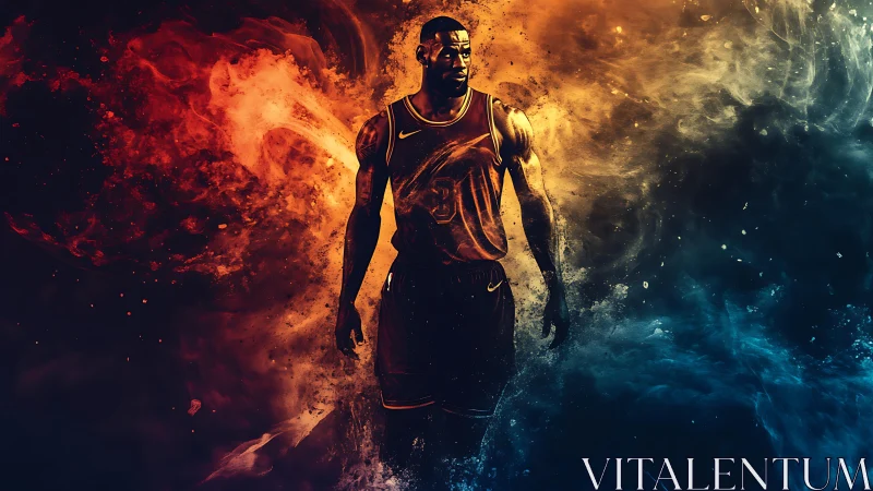 Basketball player rendered against dual-color abstract background