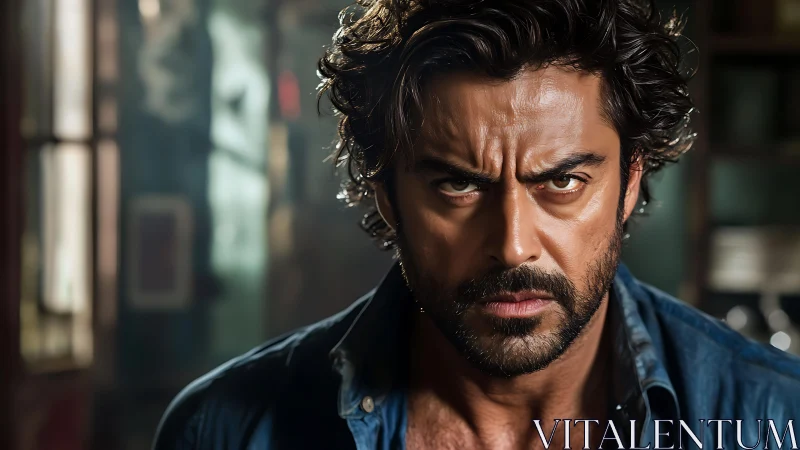 Intense bearded man holding a steady, unflinching gaze.