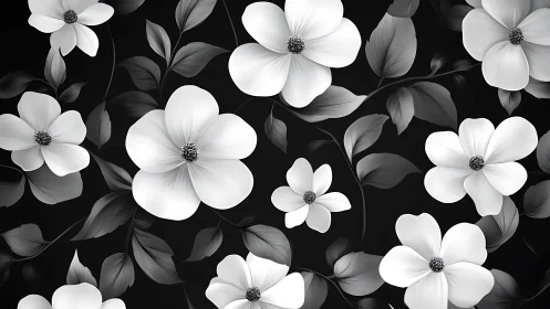 White Flowers on Black Background Pattern.